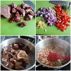 four pictures show the process of cooking meat and vegetables