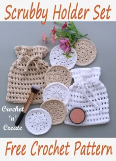 the crochet scrubby holder set is ready to be used as a makeup bag