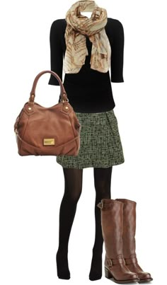 Skirt and tights - great fall outfit Brown Purse, Winter Outfits For Work, Winter Mode, Work Style, 가을 패션, Work Outfits Women