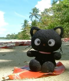 a black stuffed animal sitting on top of a sandy beach