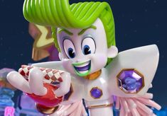 an animated character with green hair holding a toy