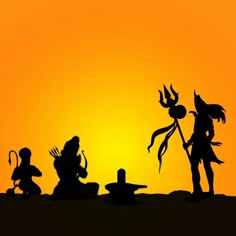 the silhouettes of three people in front of an orange sky, one holding a spear