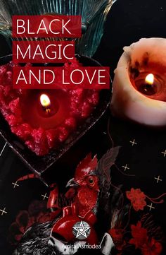 black magic and love with two candles in the shape of hearts on a dark background