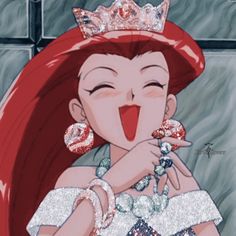 a woman with red hair wearing a tiara and holding a lollipop in her hand