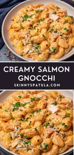 creamy salmon gnocchi in a white bowl