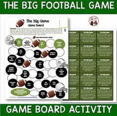 the big football game board activity is shown in green and white with an image of a football