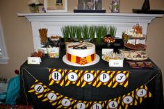 a birthday cake and decorations on a table