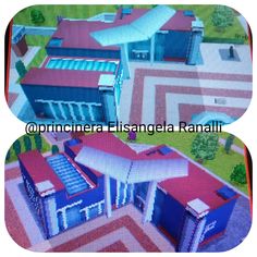 an aerial view of two buildings with red and blue roofs