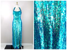 "This is a STUNNING vintage gown! It's fully embellished with iridescent blue / green sequins! It's in perfect condition! Measurements: Bust - 36\" Waist - 26\" Hips - 38\" Length - 60\" This item comes from a pet-free and smoke-free home. If you would like more info or have any questions, please don't hesitate to ask!" Blue Sequined Mermaid Gown, Blue Mermaid Gown With Sequins, Formal Mermaid Sequin Dress, Iridescent Mermaid, Iridescent Dress, Clear Crystal Necklace, Mermaid Sequin, Sequined Dress, Iridescent Blue