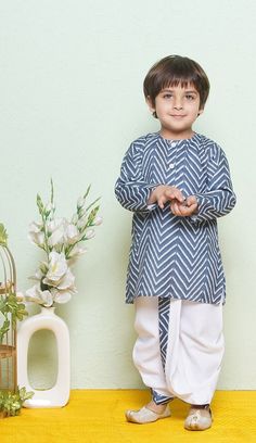 **Specifications : Please visit our brand store** https://www.etsy.com/in-en/shop/AJDezines?ref=seller-platform-mcnav 2 Pc Set : 1 Kurta, 1 Dhoti || Style:- Dhoti Kurta Set For Boys Kurta : Zigzag Print Kurta made in cotton fabric with front button opening. Dhoti : Dhoti made in cotton fabric, detailed design printed on border with elasticated waist Specially handcrafted clothing for the perfect look and comfort for the festive season Care: Gentle Machine Wash. Made in soft cotton, this dhoti-ku White Handloom Kurta For Eid, Bandhani Print Churidar For Puja And Diwali, Diwali Puja Bandhani Print Churidar, Festive Bandhani Print Kurta For Eid, Blue Traditional Wear With Dabka For Puja, Festive White Handloom Kurta, Blue Sets With Dabka For Puja, Blue Dabka Sets For Puja, Blue Dabka Embellished Sets For Puja