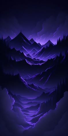 an abstract landscape with mountains and trees at night