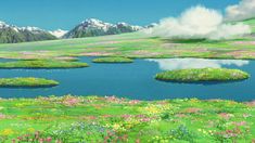 a painting of flowers and water in the middle of a field with mountains in the background