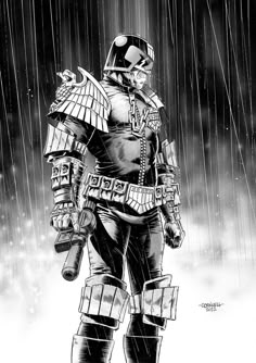 a black and white drawing of a man in armor with an umbrella over his head