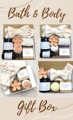 the bath and body gift box is shown in three different pictures, including soaps, lotion, hand sanitizers and more