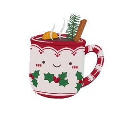 a christmas mug filled with hot chocolate, cinnamon and holly leaves on the inside is an orange slice