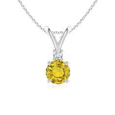 Featuring a round yellow sapphire in a prong setting, this solitaire pendant captivates the senses. A shimmering diamond sits atop the gemstone and accentuates its cheerful hue. This pendant in 14k white gold is designed with a V bale. 45th Wedding Anniversary, Sapphire Solitaire, The Senses, Sapphire Pendant, Solitaire Pendant, Yellow Sapphire, Prong Setting, Diamond Necklace, Platinum