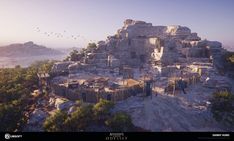 an artist's rendering of a village on top of a cliff overlooking the ocean