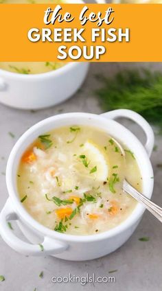 the best greek fish soup in a white bowl