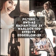 a collage of photos with the words filters radiant - 100x warlock - 100 effects edgeglow - 25