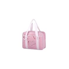 a pink and white bag with a heart on the front, two straps around it