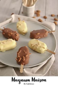 chocolate covered marshmallows are on a plate