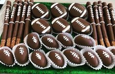 Superbowl Mixed Chocolate Platter - The Dessert Ladies Football First Birthday Party Food, Football Pretzel Rods, Third Down Football Birthday Party, Football Candy Table, Superbowl Spread, First Down Football Birthday Party, Football Themed Desserts, Chocolate Platter, Football Candy