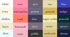 the words in different colors are shown on a grided background, including white, grey, blue, pink, and orange