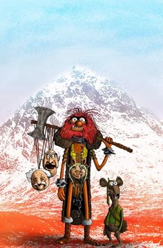 an image of a cartoon character with two other characters standing in front of a mountain