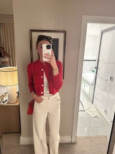 Dominga Pant in Dark Brown curated on LTK White And Red Aesthetic Outfit, How To Style A Red Cardigan, Outfit With Red Cardigan, Red Cardigan Outfit 2024, How To Style Red Cardigan, Old Money Red Outfit, Red Old Money Outfits, Red Cardigan Outfit Aesthetic, Dark Red Outfit Aesthetic