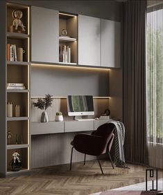 a modern home office with built - in shelving units