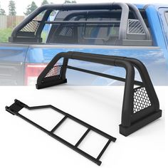 the front and rear bumper bars on a blue pickup truck with black grill guard rails