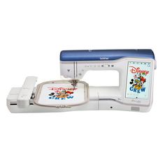 the sewing machine is white and has mickey mouse on it's screen protectors