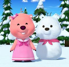 two cartoon bears standing next to each other in the snow