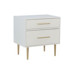 a white nightstand with two drawers and gold handles on the bottom, against a white background