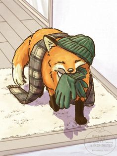 a drawing of a fox wearing a hat and scarf