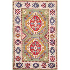 a multicolored rug with an ornate design on the front and back side,