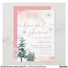 a pink and white bridal shower card with snowflakes on the trees in front