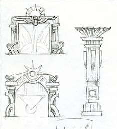 three drawings of different architectural styles and designs, each with a sun above the door