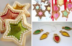 four different christmas cookies decorated with icing and decorations, including star ornament