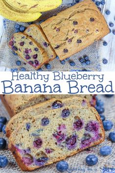 healthy blueberry banana bread with fresh blueberries on top and sliced bananas in the background