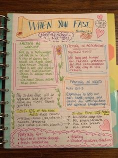 an open notebook with writing on it that says when you fast, there are many things to do