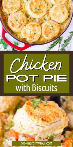 chicken pot pie with biscuits in a pan