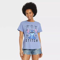 Women's Disney Stitch Short Sleeve Graphic T-shirt - Blue : Target Stitch Things, Mickey Shorts, Mom Graphic Tees, Disney Merch, Cute Stitch, Retro Shorts, Target Clothes, Disney Stitch, Disney Tops