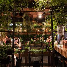 people sitting at tables in a restaurant with plants growing on the walls and ceiling above them