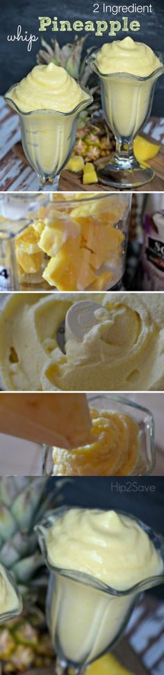 pineapple pudding recipe in glass bowls on a table with pineapples and other ingredients