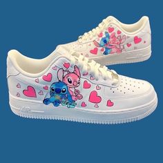 Custom hand painted air force 1 shoes. Images of Stitch and Angel with hearts. Prices vary depending size. Cost of shoes included in the price. Stitch Trainers, Hand Painted Air Force 1, Custom Jordan Shoes, Painted Air Force 1, Shoes Images, Stitch Shoes, Baby Birthday Outfit, Lilo And Stitch Characters, Stitch Things