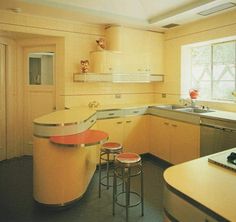 a kitchen with yellow cabinets and stools