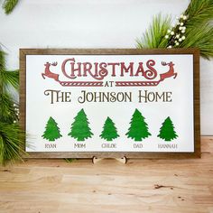 christmas at the johnson home sign with pine trees