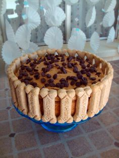 a cake sitting on top of a blue plate covered in frosting and chocolate chips