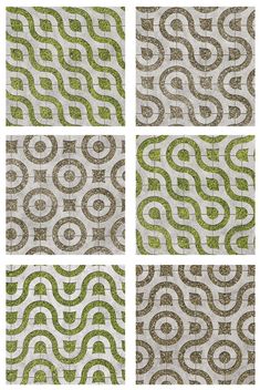 four different patterns with green and white designs on them, all in the same pattern